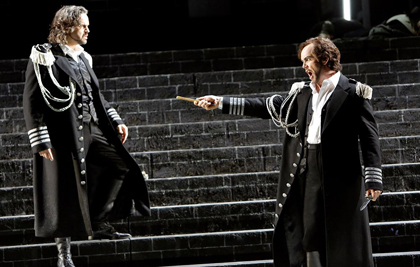 Anthony Michaels-Moore and Enrique Ferrer in <em>La Forza del Destino</em> at Oper Köln, 2012. Production by Olivier Py. Photo by Paul LaClaire.